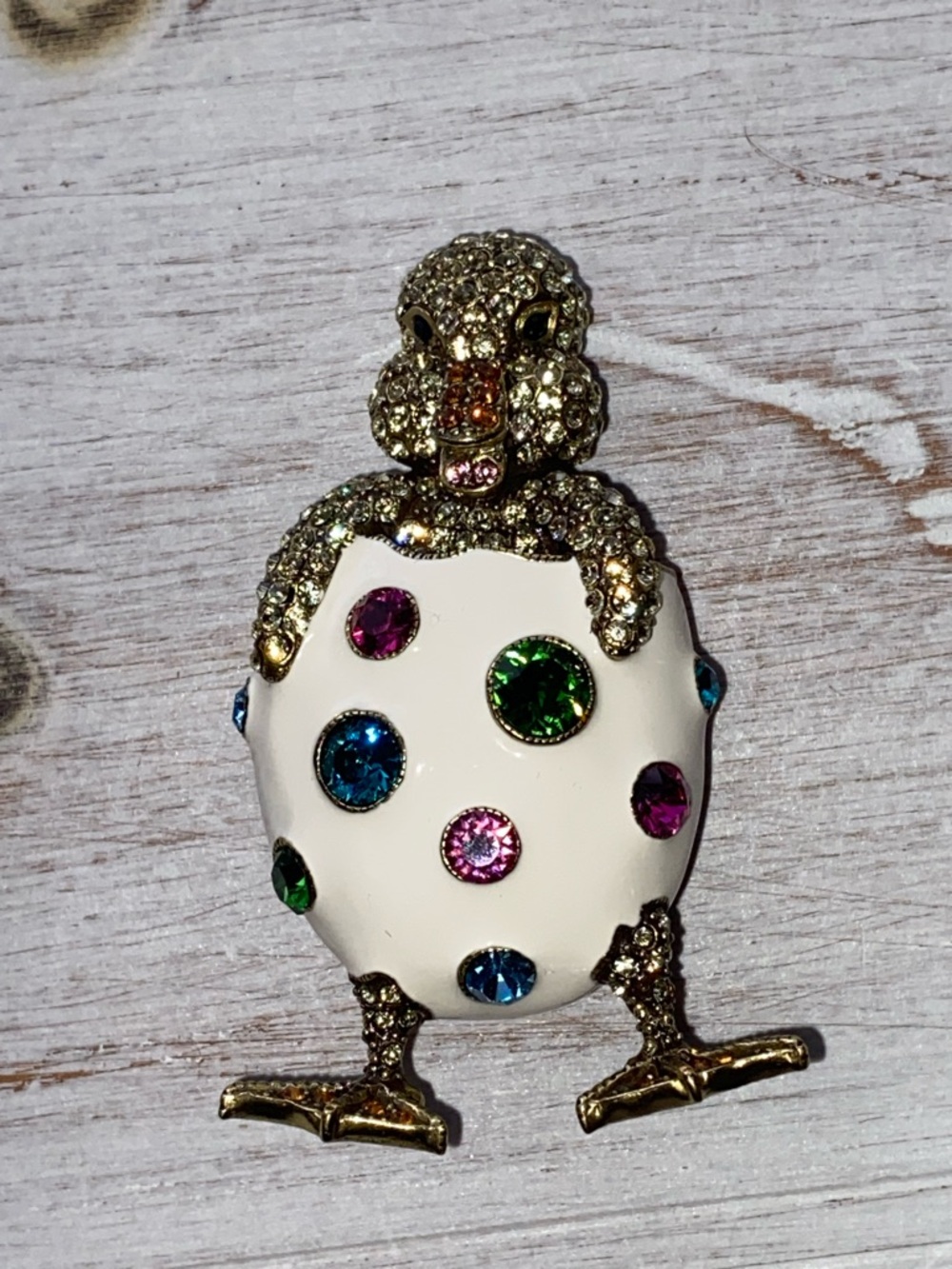 Heidi Daus Gold Chick Pin with White Enamel and Multicolor Gems
